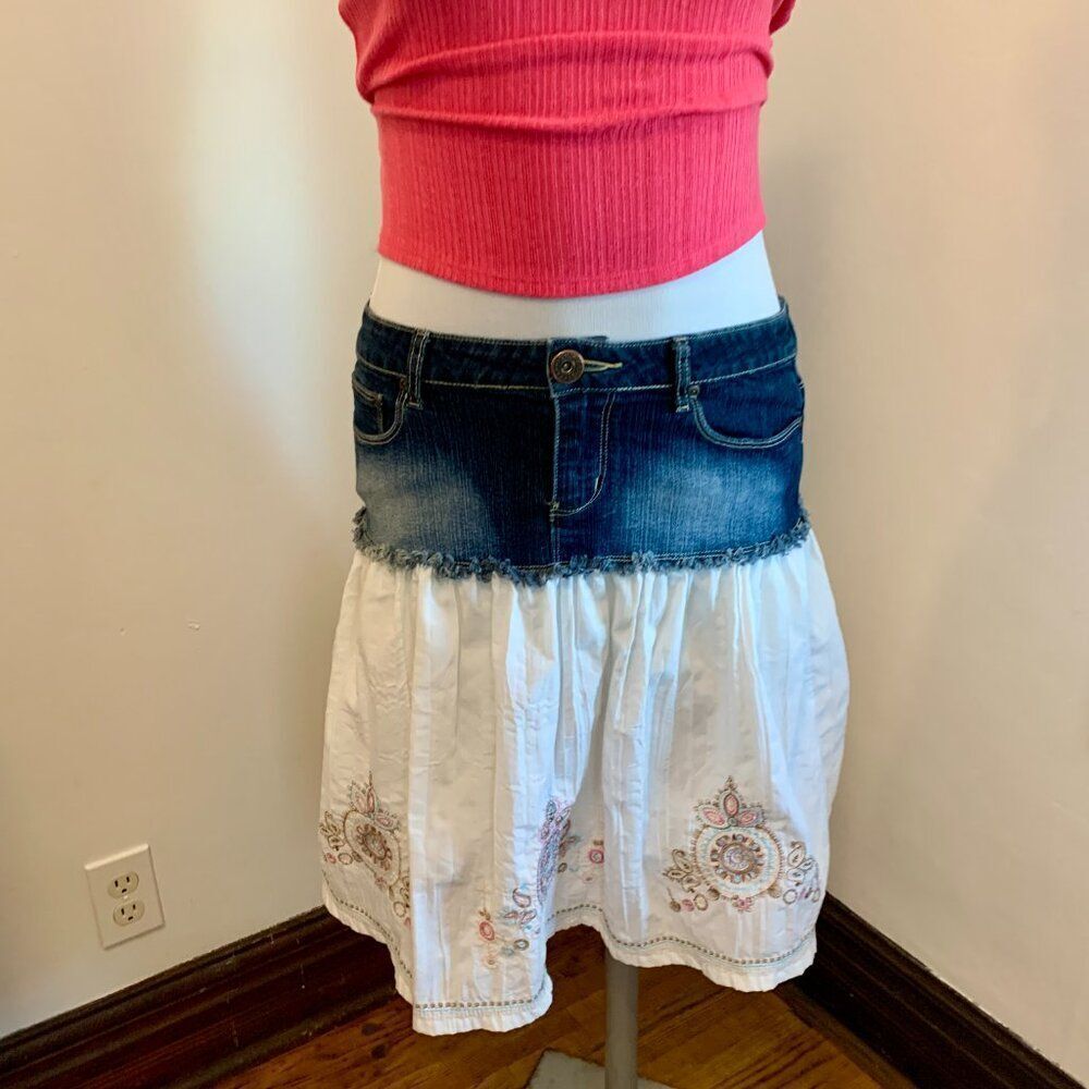 VTG YMI Lace Ruffle Denim Midi Skirt y2k 2000s 90s Western Mixed Peasant Cotton - Picture 13 of 16